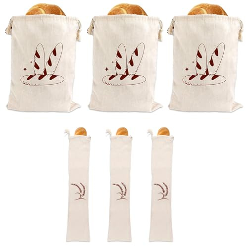 6 pieces natural linen bread bags, 40 x 30 cm / 67 x 15 cm, reusable bread storage bags, keeps bread fresh, food storage, reusable linen bags