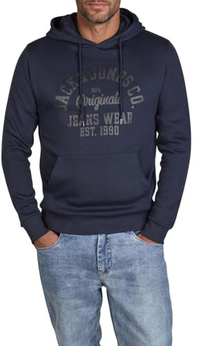 JACK & JONES Hoodie herr regular fit JJEADRIAN huvtröja tröja tryck svart grå grön brun beige blå S M L XL XXL 3XL, marinblå blazer, L