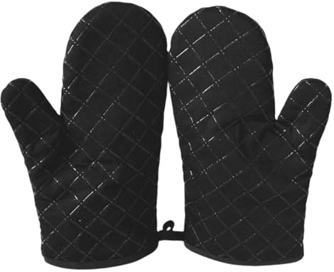 1 Pair Oven Mitts, Cotton Heat Resistant BBQ Gloves-Oven Mitts with Infill Cotton Non-Slip Cooking Gloves for BBQ Kitchen Baking Cooking - Black