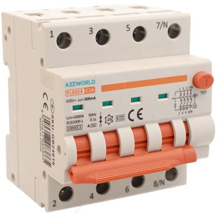A2ZWORLD Interrupteur magnétothermique différentiel triphasé, type A 300mA, RCBO Classe A 4P C16 16A, courbe C 3P+N 6000A, occupe 4 modules DIN, AC 400V IP20