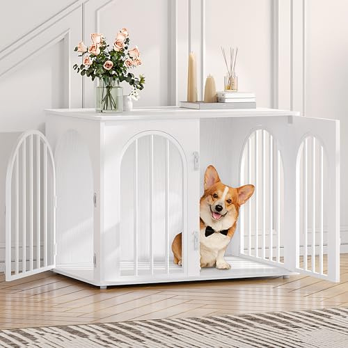 Hzuaneri Hundburmöbel, 80 cm Hundbur för Hemmet, 3 Dörrar, Välvd Dörr, Modern Inomhushundbur för Hundar, Sidobord, Kraftig Hundbur, 56 x 80 x 61 cm, Vit DFC85113W