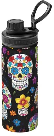 Bouteille d'eau isotherme en acier inoxydable avec tête de mort et fleurs colorées avec poignée, 450 ml pour le sport et les voyages
