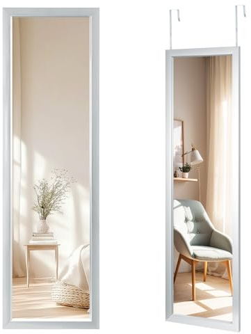 CROWNSHOP Full Length Mirror 110x33cm - Wall Mounted Over The Door Mirror | Full Length Mirrors with Adjustable Hooks Large HD Tempered Glass Full Body Mirrors for Bedroom,Wardrobe Space-Saving (White)