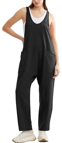 Aokosor dungarees for women uk ladies dungarees Long Casual Bib Pants Summer Overalls Stretchy Strap Baggy ladies jumpsuits for women uk with Pockets Black M
