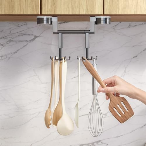 PAVSTINE Hakenleiste Küche 360° Drehbar, Küchenreling mit Saugnapf, Grau | Küchenutensilienhalter Wand Selbstklebend mit 12 Haken, Küchenleiste Ohne Bohren Küchen Kochzubehör, 3 Aufhängungsarten