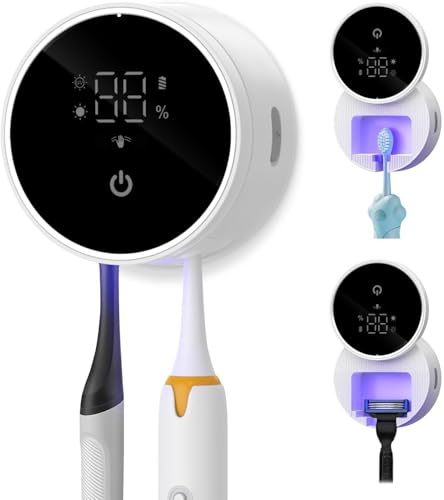 UV Zahnbürstenhalter,Zahnbürste Elektrische zur Wandmontage mit Trocknen & Automatischer Sensor, Zahnbürsten Sterilisator Organisator mit 2 Zahnbürstenfächern für Badezimmer,Ohne Bohren