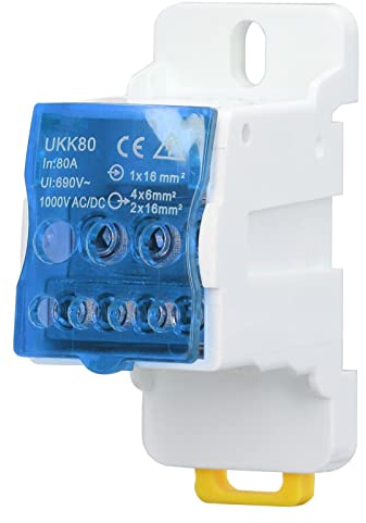 Klanata UKK80 C45 Caja de Distribución de Terminales para Carril DIN, Bloque de Distribución Eléctrica PA66 Ignífugo 80A 690V, Regleta de Conexión a Tierra Azul, Instalación en Riel