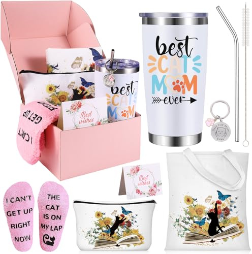 MEGETGOD Cat Gifts for Women, Cat Lovers Gifts for Women with Travel Tumbler 20oz, Tote Bag, Funny Socks & Makeup Bag - Christmas Valentines Mother's Day Birthday Presents for Her
