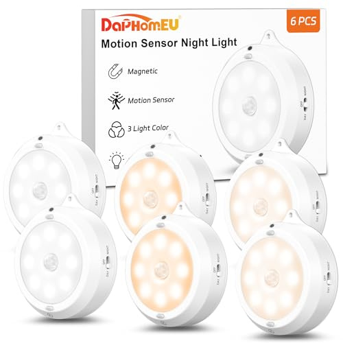 6 Stk LED Nachtlicht mit Bewegungsmelder Innen, Batterie, Dimmbar, 3 Farb | Dreifarbiges Puck-Licht mit Bewegungssensor. 3x AA batteriebetriebene Schrankbeleuchtung mit Magnet für Treppe & Küche