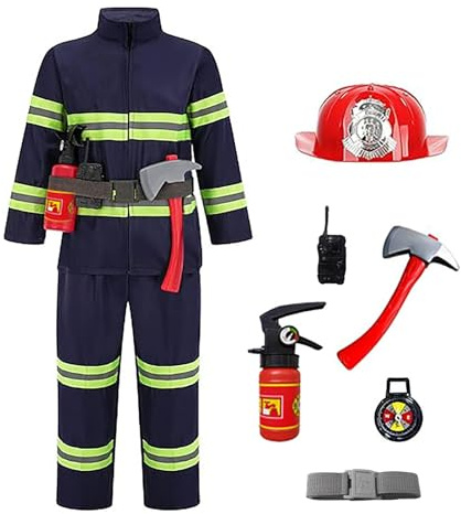 Kinder Feuerwehrmann Kostüm Set mit Helm, Jacke, Hose, ZubehöR Rollenspiel Verkleidung Für Jungen & Mädchen Outfit für Karneval, Halloween Polizei Kostüm füR Kinder 3-9 Jahre (01 Blue, 4-5 Years)