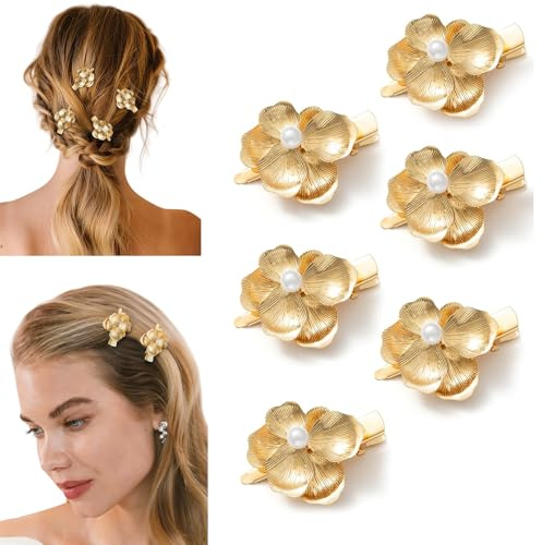 ZenithAura 6 Stück Gold Blumen Haarspangen Für Damen Kleine Haarklammern Mit Perlenverzierungen Metall Haarklammern Zum Stylen Geschenkfertige Blumen