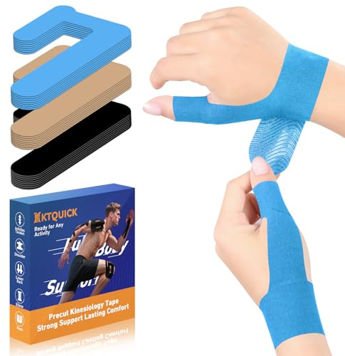Förskurna kinesiotejp för fingerskydd, KTQUICK 10 stycken kinesiologitejp för tummen, hudvänlig med perfekt bärkomfort, vattentätt och elastiskt fysiofingerförband – vänster blå