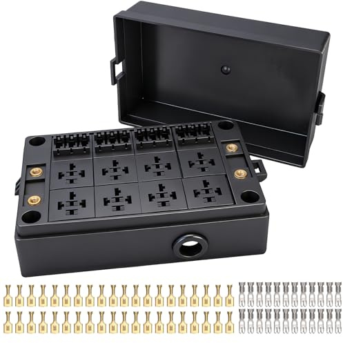 Weasch Caja de relé de fusibles de 12 V y 12 vías, 8 relés y 12 ranuras de fusibles de hoja ATC/ATO, compatible con relé de 4 pines y 5 pines 40 A, para coches, camiones, barcos, jeep (caja)