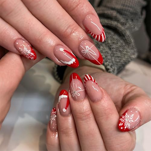 Christmas Stick On Nails With Glue - Almond False Nails - 24pcs Press On Nails With Multiple Cute French Tips - Cute Xmas Snowflake, Santa Hat & Strip Design