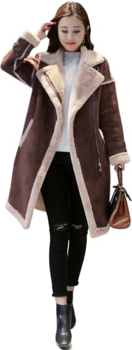 Women’s Brown Genuine Suede Sherpa Shearling Faux Fur Lined Double Breasted Warm Thick Long Winter Fashion Leather Coat (US, Alpha, X-Large, Regular, Regular, Brown)