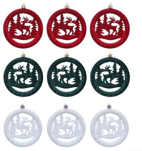 9 Piece Flocked Deer Ornaments Set for Rustic Holiday Decor, Suitable for Christmas Tree, Fireplace Mantel, and Door Hanging Decoration with Glitter Detail