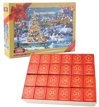 Advent Jigsaw Puzzles, 24-Day Countdown Fun, 1008pcs, Christmas Countdown Puzzle, Snow Scene Toy Calendar, Snow Scene Toy Calendar, For Winter Stocking Stuffers Kids