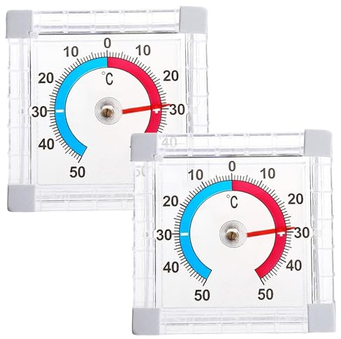2 unidades Termómetro para ventana exterior autoadhesivo sin necesidad de taladrar, termómetro exterior para ventana, resistente a la intemperie (+-50 °C) para jardín y casa, medición analógica de