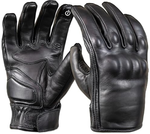 MDM Motorcykelhandskar i svart Nappaläder för herr – Knogskydd, Förstärkt halkfri handflata, Touchscreen-finger och Justerbar passform – Retro Biker Full Black (Svart, XXX-stor)