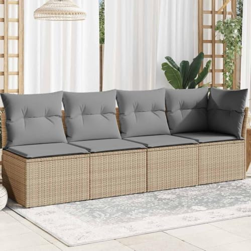 Ziaphsol Gartensofa 4-Sitzer Beige Poly Rattan, Modulares Outdoor Loungesofa mit Kissen, UV-beständig, 227x62x69cm, für Terrasse & Garten