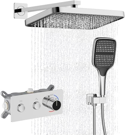 Ronvie Concealed Shower System with 13 Explosion-Proof Rainfall Head, Smart Push Button Shower Mixer Set, 3-Mode Handheld Spray, All Brass Body Concealed Shower Set for Bathroom, Chrome
