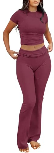 IWOLLENCE Set lounge da donna in due pezzi, a maniche corte, con ampio elastico in vita, pantaloni loungewear, borgogna, XS