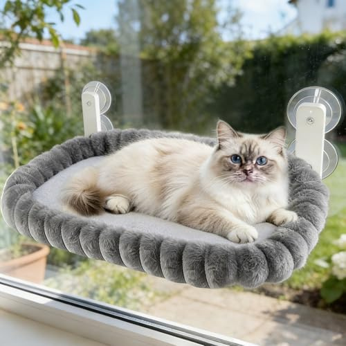 Hamaca Gato Ventana Plegable Cama con Ventosa Fuerte Gatos Grande Colgante Soporte Camita para Gatitos de Interior para Gatos extraíble y Reversible Cubrir(Gris)