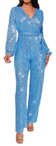 Jumpsuits för kvinnor Storbritannien elegant fest dam jumpsuit glitter långärmad v-hals raka breda långa byxor overaller uppklädd overall med sidoficka fest klubbbyxor klubbkläder, Himmelsblått, S