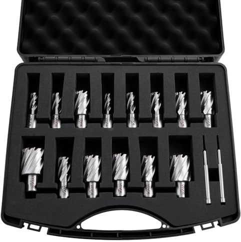 VEVOR Juego de Cortadores Anulares 16 Piezas, Juego de Brocas HSS M2AL de Vástago Weldon, Profundidad de Corte 25,4mm, Diámetro 11,11-34,92mm con 14 Cortadores, 2 Pasadores Guía para Taladro Magnético