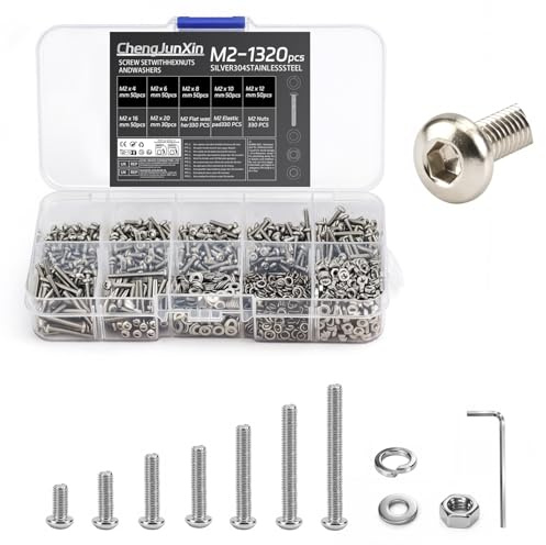 Juego de tornillos M2 de 1320 piezas – Juego de tornillos de cabeza semicircular hexagonal y tuercas M2 con arandelas de seguridad, arandelas.