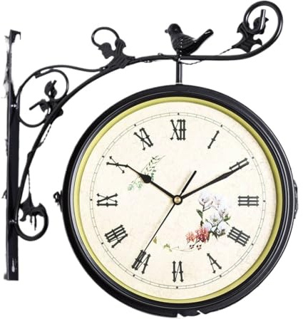 CaFfen Orologio Da Parete Vintage Orologio da parete retrò bifacciale in ferro battuto esterno, decorazione for esterni(Noir)