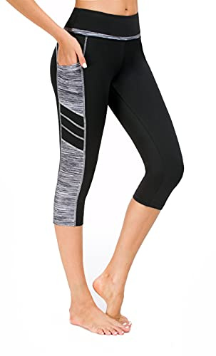 Flatik sportleggings dam med fickor, dam ogenomskinliga leggings dam träningsbyxor sportbyxor löpande leggings, Svart grå (3/4 Capri), M