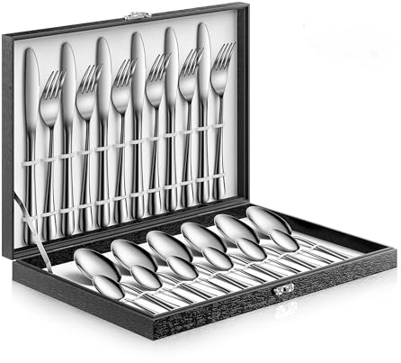 Velaze Besteck Set 12 Personen aus Premium-Edelstahl, Besteckset mit Schöner Geschenkbox, Spiegelpoliertes Design, Spülmaschinenfest, 48 Stück Besteck mit Gabel Löffel Messer für Haus Restaurant
