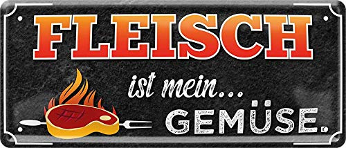 WOGEKA ART Retro Blechschild - Fleisch ist mein Gemüse - Steak vom Grill - witziger Spruch als Geschenk-Idee Geburtstag Weihnachten Dekoration 28x12 cm Vintage-Design Metall 1578