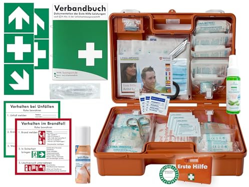 Verbandskoffer/Verbandskasten (M) Typ CS -Paket 1- Erste Hilfe nach aktueller DIN 13157 für Betriebe -DSGVO- INKL. PERFORIERTEM VERBANDBUCH + Hygiene-Gel & Sprühpflaster + AUFKLEBER
