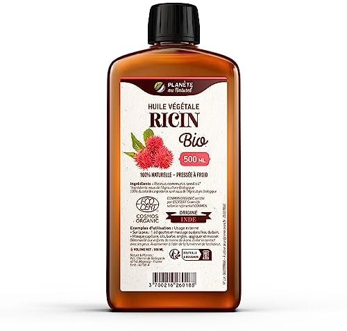 Huile de RICIN Bio 500 ml - Cosmos Organic - Planète au Naturel - 100% Naturelle et Pressée à froid - Peau, cheveux, cils, ongles, barbe