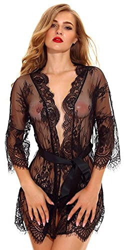 Women's Baby Dolls, Chemises & Negligees Sexy Women Lingerie Lace Ruffles Robe See-Through Babydoll Underwear Sleepwear Erotic Sex Clothes Plus Size-Black_3XL