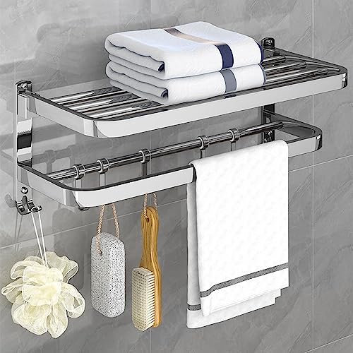 HONPHIER Towel Rail Wall Mounted 2-Tier Foldable Towel Holder Bath Towel Rack With Activity 5 Hooks SUS 304 Stainless Steel Towel Shelves Towel Rail for Bathroom, Kitchen, Hotel