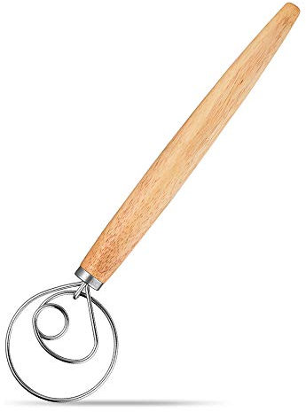 PIQIUQIU Danish Dough Whisk Fouet en acier inoxydable avec manche en bois