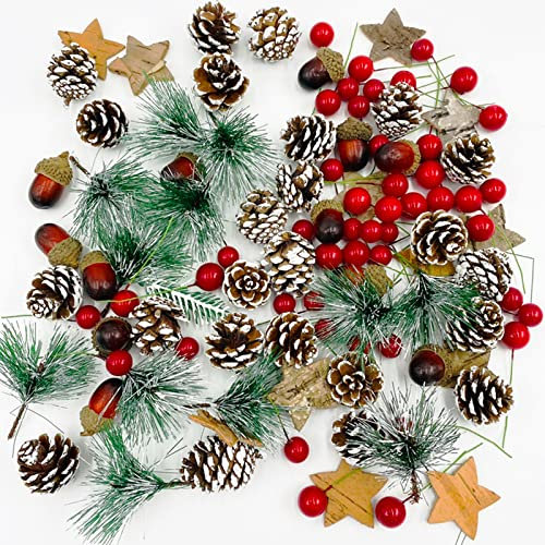 TSLBW 108 Stücke Künstliche Tannenzapfen Set natürliche Tannenzapfen, Eicheln, rote Beeren,Weihnachtskranz-Basteldekoration für DIY Weihnachtskranz Kit Weihnachtsbaum Ornament