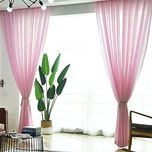 KEKUYA Voile Gardinen Vorhang Gardinen Transparent,2 Stück Gardinen Vorhänge Vorhang Blickdicht mit Ösen Wohnzimmer Schlafzimmer Stores Küche - Rosa Leinen(B140 x H240cm)
