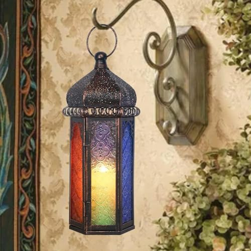 DECORKEY Lanterna vintage decorativa per interni ed esterni, lanterna marocchina da appendere con 6 colori in vetro, lanterne da tavolo in metallo per veranda, patio, decorazioni natalizie per