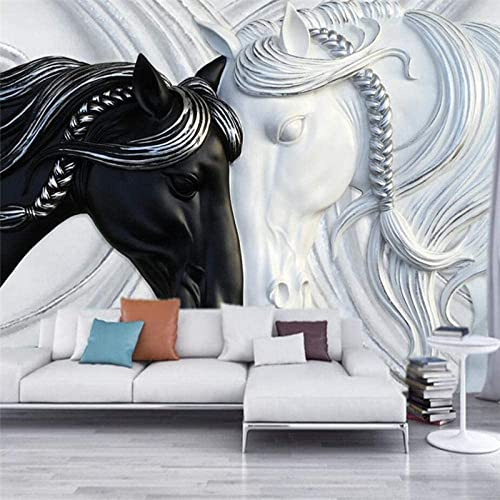 GHASOO 3D Mural Photo Wallpaper Black and White Animal Horse Backdrop Wall Classic Interior Decor Wallpaper 3D Panel Wall Wall Bathroom Restaurant Hall Living Room Hallway Wall Art 55X 27