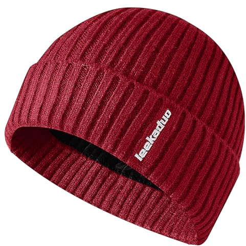 JFAN Mössa herr stickad fleecefodrad mössa med rullade kanter vintermössor för herr dam, Bourgogne, one size