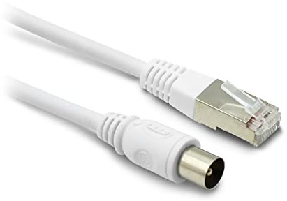 METRONIC 395285 Câble RJ45 / TV coaxial 9,52mm Prise Mâle/Male pour réception Television, TNT, Satellite, Décodeur, Antenne - Fil 2 mètres blindé à contact dorés - Blanc