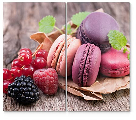 DEQORI Herdabdeckplatten Glas | 2er Set 60x52 cm | Motiv Macarons und Beeren | Ceranfeld Abdeckplatten in Küche | Herd-Abdeckungen universal | Glasplatten & Schneidebretter für Kochplatte