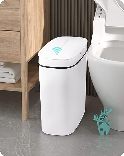 Baffect Bad MüLleimer Mit Sensor Deckel (9,5 L, Weiß, Plastik) | Schmal MüLleimer FüR Badezimmer, Automatischer Elektrischer MüLleimer Mit Sensor