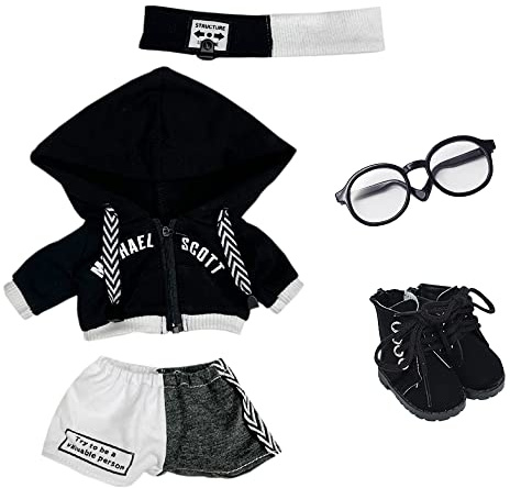 niannyyhouse 15 cm große Plüschpuppenkleidung, lose schwarze und weiße Anzug, Kopfbedeckung, Kapuzenpullover, Hose, Brille, Schuhe, Puppe, Dressup (schwarz, 15 cm)