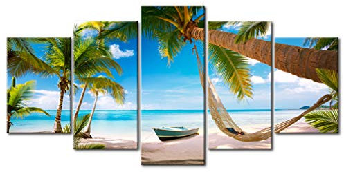 decomonkey - Tableau Acoustique Plage Paumen 225x112.5 5 Pièces - Impression sur Toile Décoration Maison Isolation Peinture Esthétique Image Phonique Déco Bureau Palmier Sable Mer Nuages