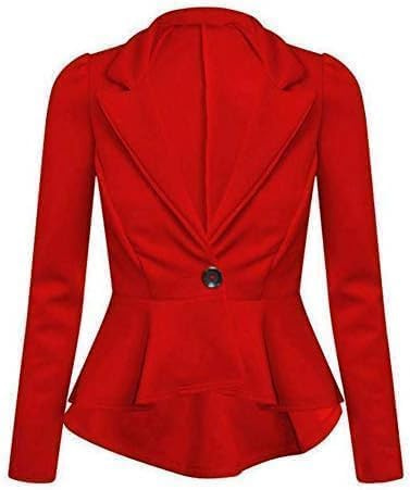 Prime fashions Blazer péplum pour femme - Veste courte ajustée à manches longues avec volants, Rouge, 40